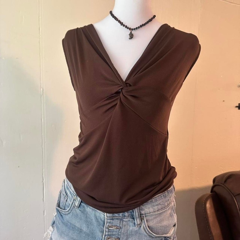 Brown v neck top with twist detail Size XS